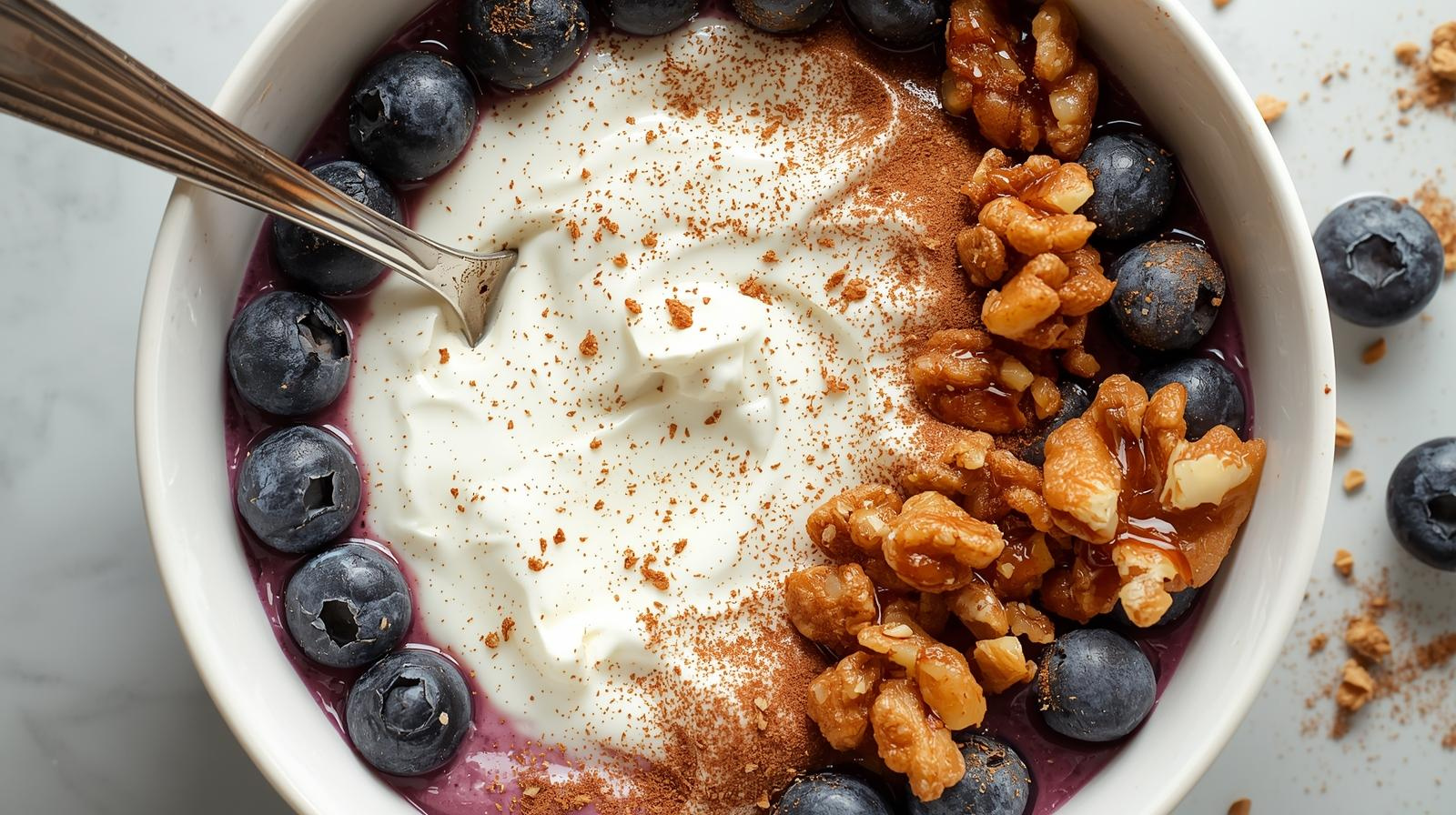 Blueberry walnut power bowl made with yogurt, flaxseed, and cinnamon for brain health